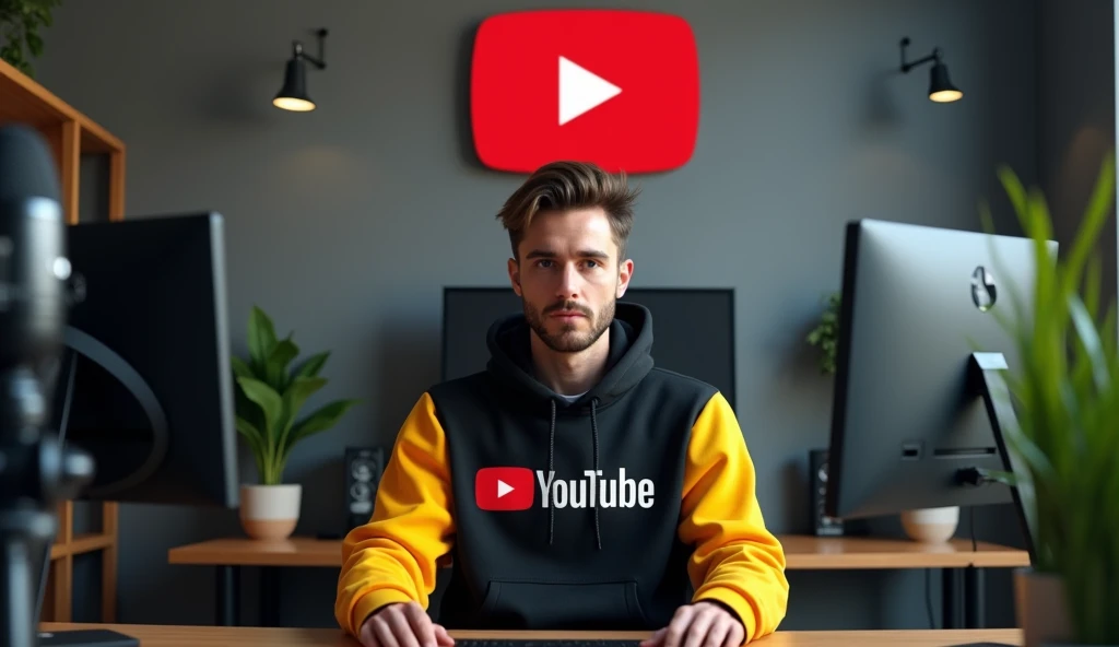 Create a image of "A 25 years business man, sitting in front of a computer desk with a microphone and laptop, wearing black and YALLOW hoodie with the Channel Name on it "PROMOSEEN".The background includes a large YouTube logo on the wall with channel name "Promo Seen", potted plants on either side, and various recording equipment.eye contact on camera.