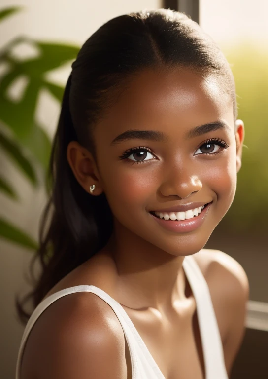 (portrait, editorial photograph) (beautiful black girl), adorable face, long brown curly hair, hazel eyes, by lee jeffries, nikon d850, film stock photograph ,4 kodak portra 400 ,camera f1.6 lens ,rich colors ,hyper realistic ,lifelike texture, dramatic lighting, (highly detailed face:1.4), perfect eyes, realistic iris, perfect teeth, (smile:0.7), (background dark, shadow of the leaves, moody, cleavage), sun rising, early morning light, Wishing for something, masterpiece, best quality, photorealistic, Citizen of Guinea-Bissau, very cute super model, perfect anatomy, skinny, ((1 girl)), (colorful reflections in the eye), (nudist), (smiling, white teeth), small nipples,(((( dark skin ))))