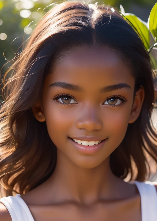 (portrait, editorial photograph) (beautiful black girl), adorable face, long brown curly hair, hazel eyes, by lee jeffries, nikon d850, film stock photograph ,4 kodak portra 400 ,camera f1.6 lens ,rich colors ,hyper realistic ,lifelike texture, dramatic lighting, (highly detailed face:1.4), perfect eyes, realistic iris, perfect teeth, (smile:0.7), (background dark, shadow of the leaves, moody, cleavage), sun rising, early morning light, Wishing for something, masterpiece, best quality, photorealistic, Citizen of Guinea-Bissau, very cute super model, perfect anatomy, skinny, ((1 girl)), (colorful reflections in the eye), (nudist), (smiling, white teeth), small nipples,(((( dark skin ))))