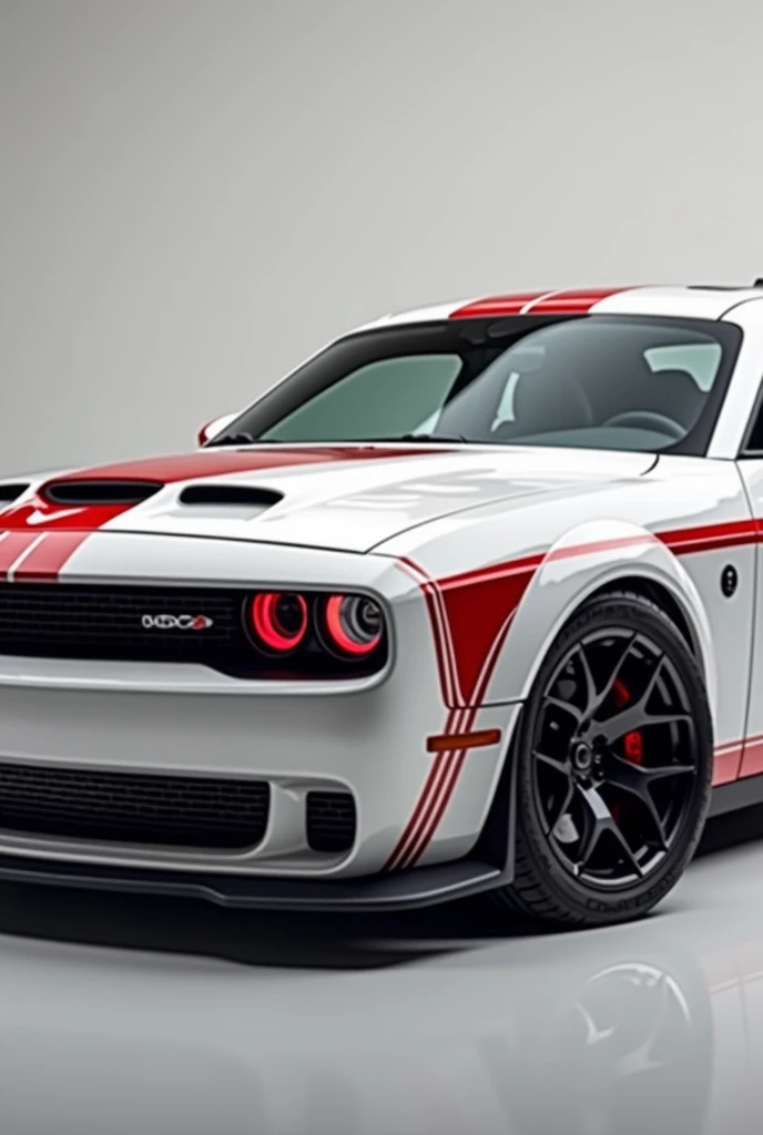 Dodge Challenger SRT hellcat red eye in white colour with red strips with red light in the clean environment with and fume