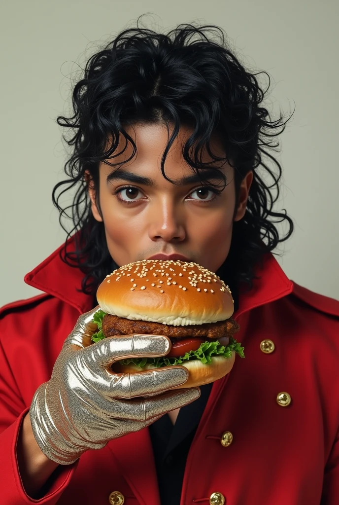 Michael Jackson eating a hamburger