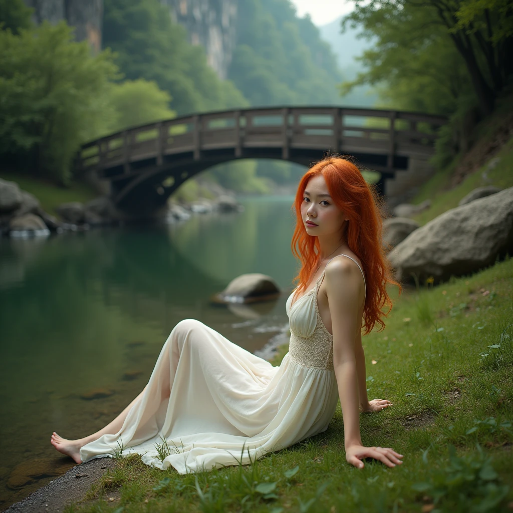A contemporary photo of a woman with long red hair lying on the grass near a body of water. She is wearing a white dress. The background contains trees, rocks, and a bridge. The lighting is soft.