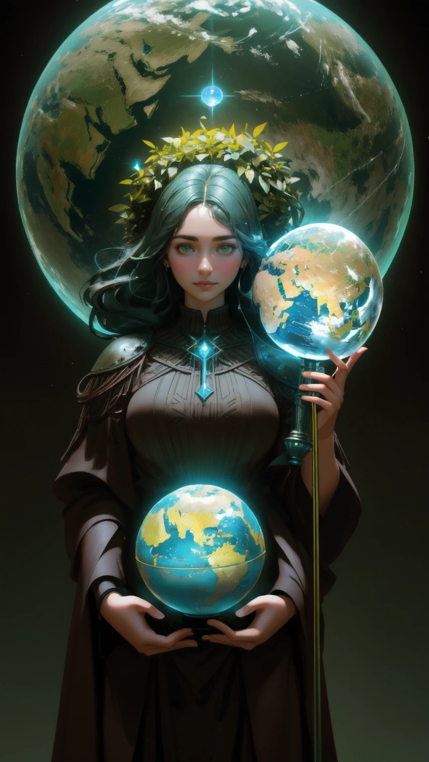 
arafed cute girl  holding a globe in his hands in a brown  environment, a surrealist sculpture inspired by Igor Morski, zbrush central contest winner, environmental art, mother earth, full figured mother earth, environmental artwork, green world, woman made of plants, award winning cgi, sylvain sarrailh and igor morski, vincent callebaut composition