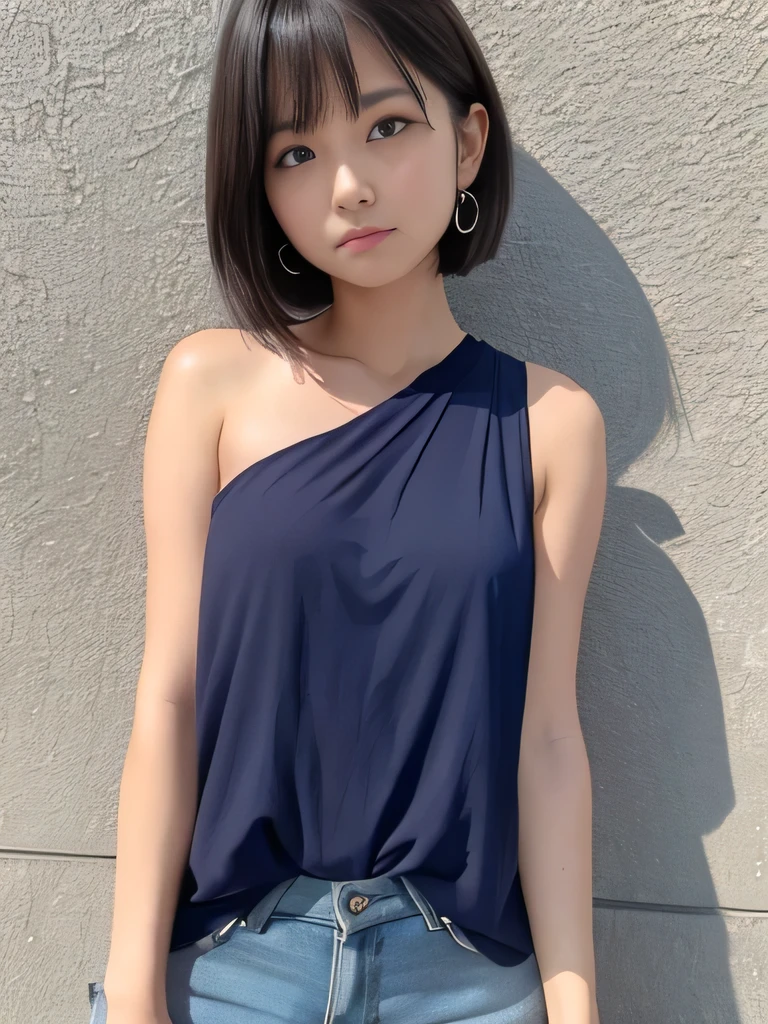 Beautiful girl in one-shoulder tank top, short bob, embarrassed expression