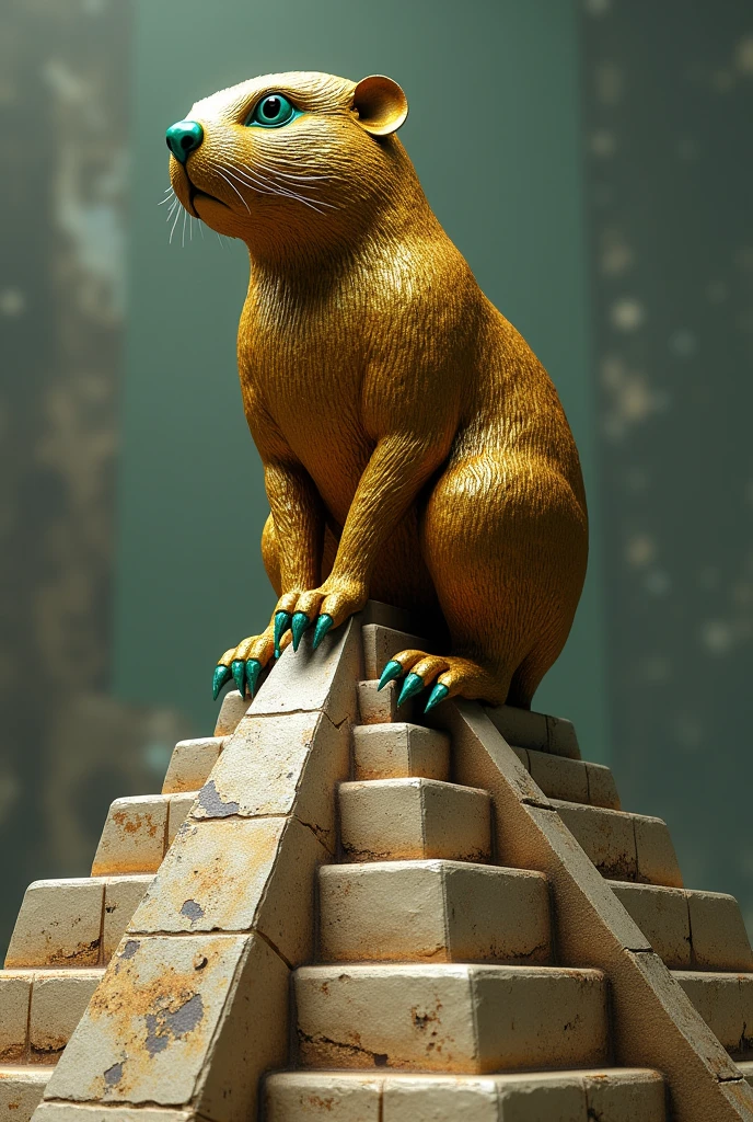 Ultra-resilient image of a golden and green beaver sculpture on top of a pyramid 