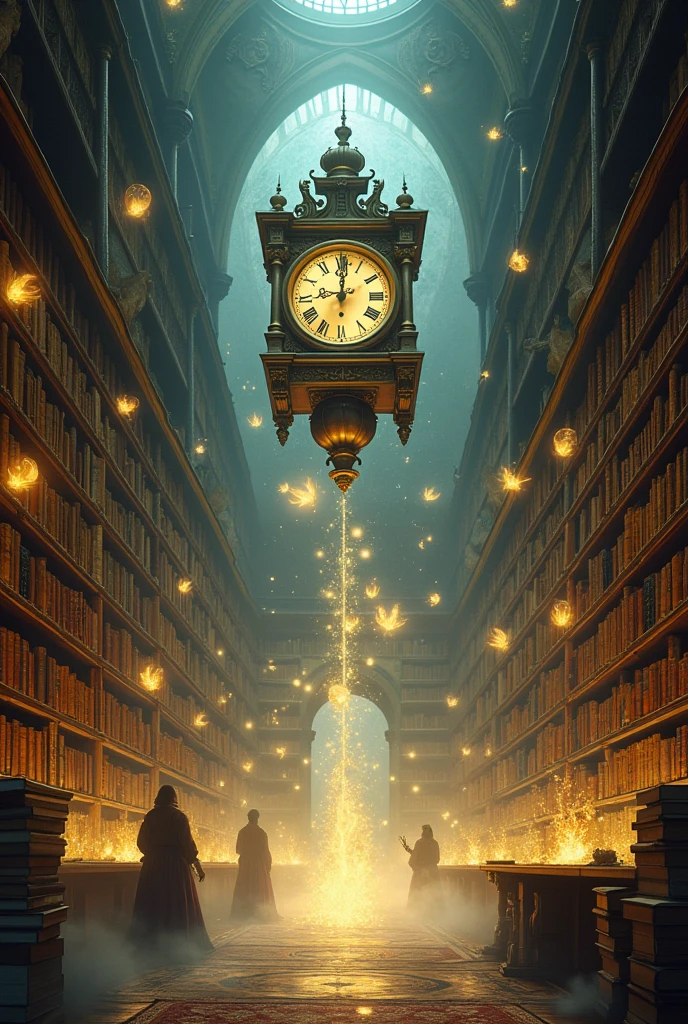 Une illustration captivante représentant une bibliothèque ancienne, où des livres flottent magiquement dans l'air, chacun dégageant une lueur mystique. Les étagères sont remplies de manuscrits anciens, parchemins, et objets mystérieux comme des artefacts en or et des cristaux brillants. Au centre, une grande horloge antique symbolise le passage du temps, ses aiguilles en forme de sabliers. Des silhouettes fantomatiques d'anciens conteurs et sages apparaissent subtilement dans la brume, donnant une impression de mystère. L'ambiance générale est à la fois majestueuse et énigmatique, avec une lumière douce et dorée éclairant la scène.