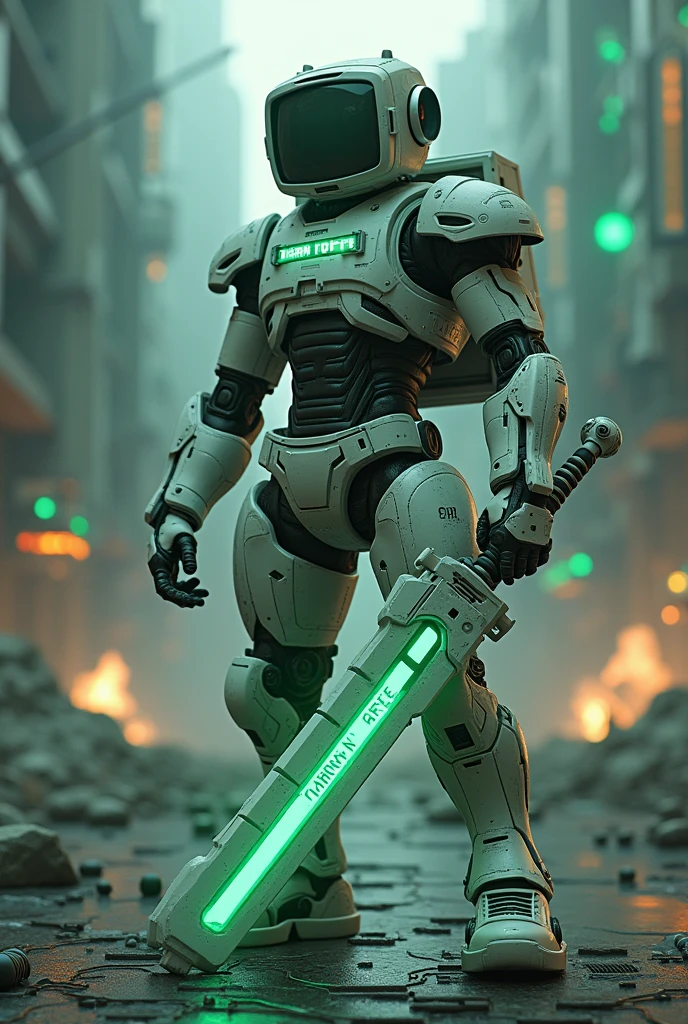 Man wear cyberpunk robocop armor suit white keyboard PC concept. Helmet like PC monitor.. Long mechanize Sword from classic white keyboard. Keyboard pad design as sword. Binoculars eyes.keyboard on chest. Big turn off button logo on chest glowing green ,. Holding keyboard sword. War background. Bombing effect background. Backpack PC keyboard. Standing on the motherboard green circuit.. city motherboard background. In digital dimensions. glowing green on circuit .