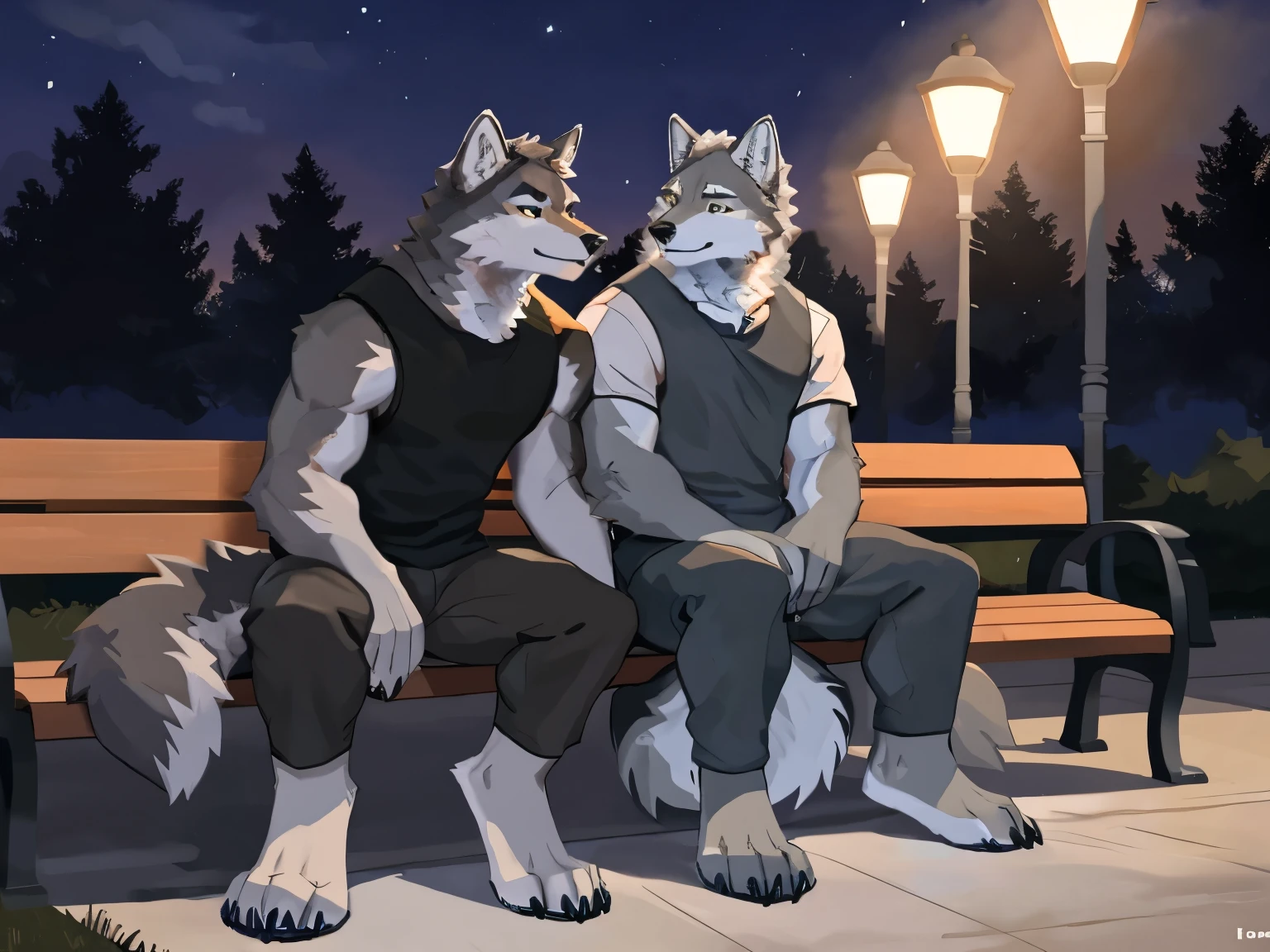 Scenes：Park Bench，Street light time：Evening content：Two wolves sitting on a bench，Sleep next to each other，The wolf on the left is blue，The wolf on the right is gray。Heads leaning against each other，Hands interlocked on the right wolf&#39;s tax refund