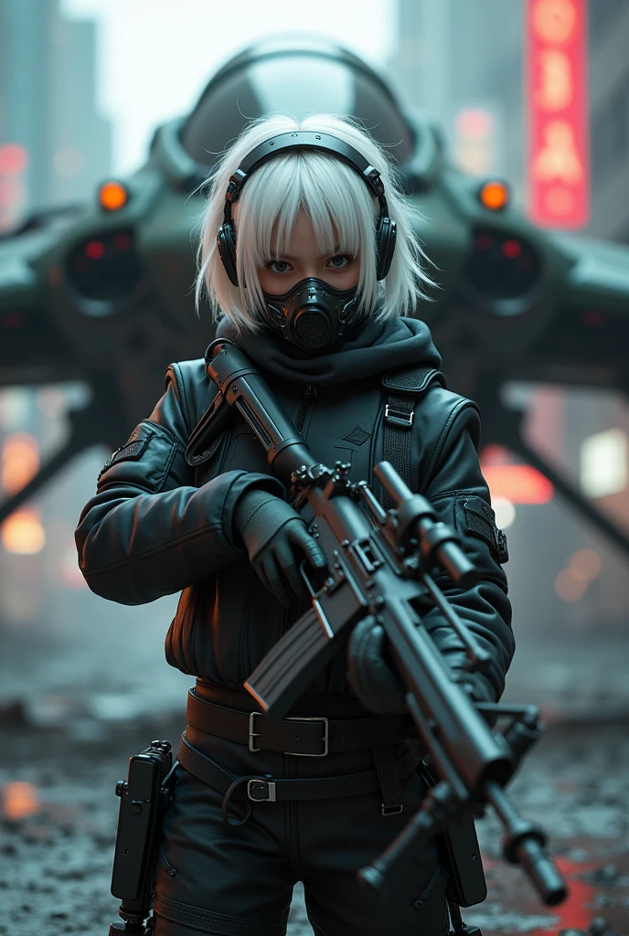This is a CG Unity 8k wallpaper with ultra-detailed, high-resolution and top quality in cyberpunk style, dominated by black and red. In the high resolution photo, a tactical brave and beautiful alternative girl dynamic pose action holding heavy assault rifle point to the camera, with white messy short hair, a delicate face, wearing a steam mecha mask, standing on the ruins, behind her is assisted by huge cutting edge war Dron that protects and assist to her in the danger sits. Atmospheric neon noir dramatic lits, realistic photography extremely cinematic film, muted colors, cyber, visser, Masterpiece, depth-field,
