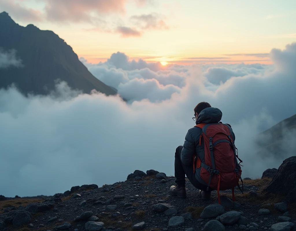 In the style of real movies,Climber sitting on the ground with head down to rest,Back to camera,Sky with clouds in the background, Walking on the clouds and mist, Iceland photography, Combat and adventure photography, Max Reeve, Iceland, Unsplash contest winning photos, Cross the mountains, pexels contest winners, At sunrise, sci-fi of Iceland landscape, author:Anna Heifesch, Iceland landscape photography, Travelers from afar