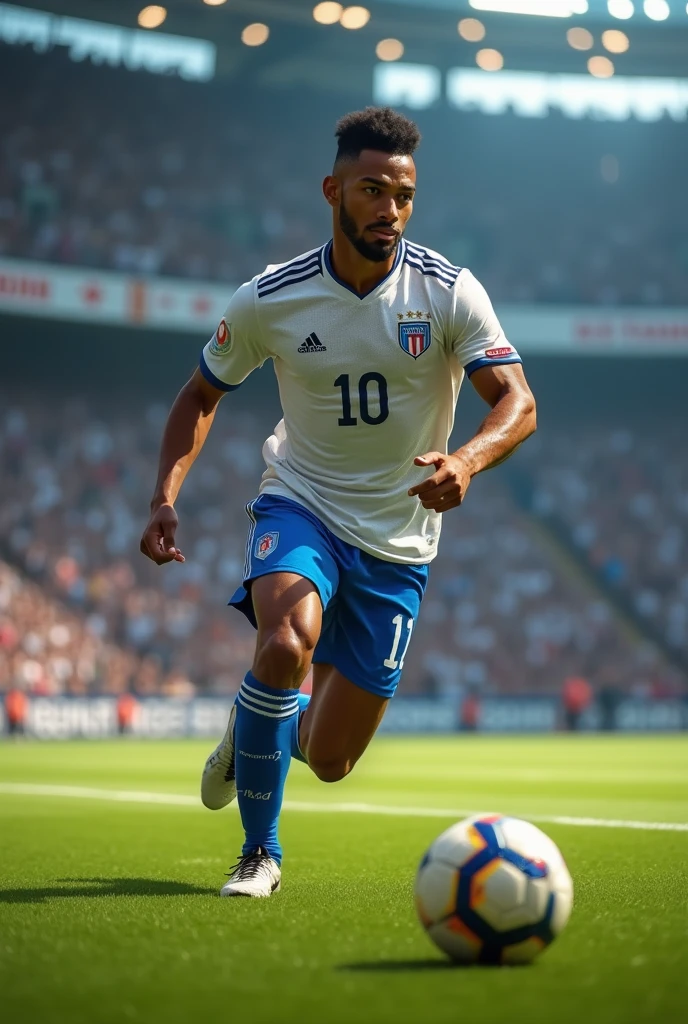 A handsome mixed race soccer player with blue eyes