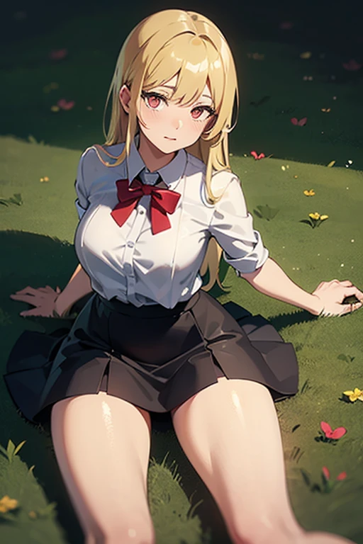 ,(masterpiece), (best quality),(ultra-detailed),(illustration),(extremely detailed),(perfect anatomy),(super detailed skin). A illustration of a women,curvy_figure,confused_face, white_shirt,short_skirt,her present is submissive,long_hair,blond_hair,falling to the ground,red_eye,lookin at the_viewer, falling to the grass