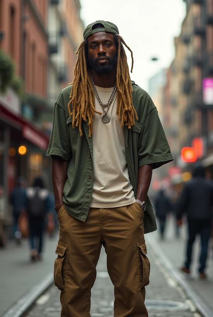 un homme de type noir americain avec des dreadlocks blond, habillé dans un style urban large avec une casquette,