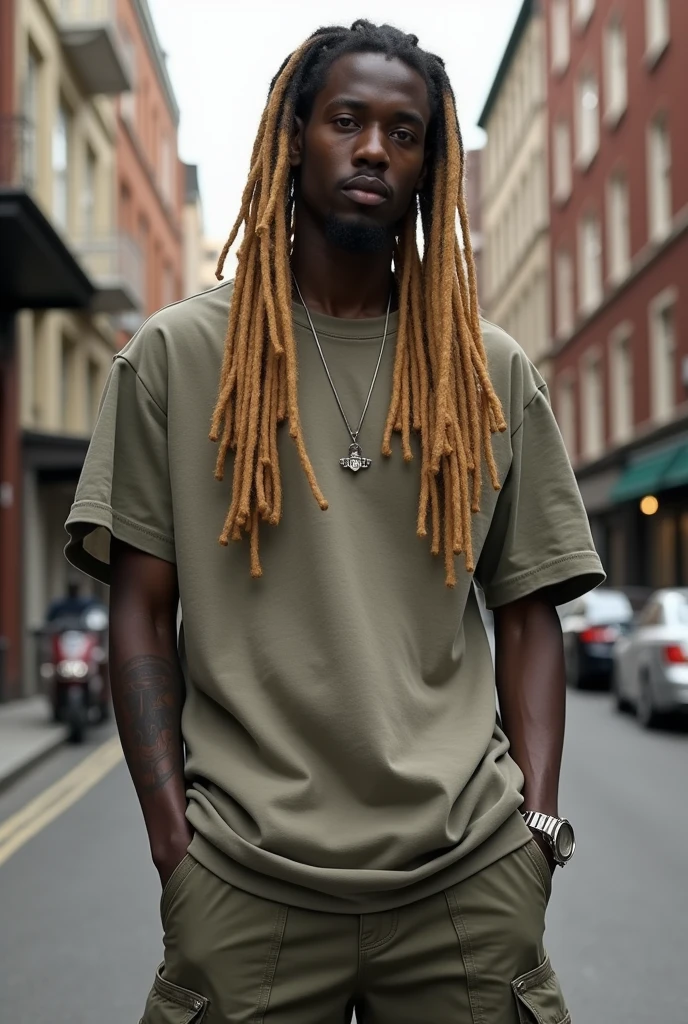 un homme de type noir americain avec des dreadlocks blond, habillé dans un style urban large avec une casquette,