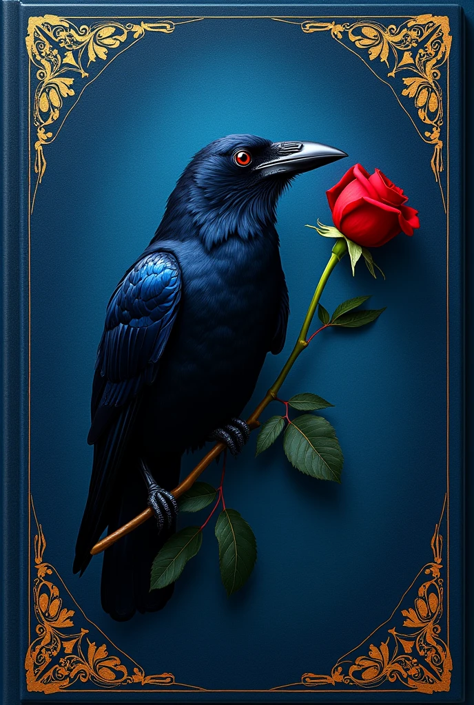 A book cover in the aesthetic hit with a crow in the middle holding a red rose in its beak while the book cover is blue with some gold details 
