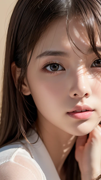 Highest quality、8k傑作、Ultra-high resolution、(Photorealistic:1.3)、RAW Photos、1 person、Brown hair short bob、Glowing Skin、1 personの超美人女子大生、((Ultra-Realistic Details))、Portrait、Global Illumination、Shadow、Octane Rendering、8k、Super sharp、Very intricate details、Realistic Light、CGSoation Trend、Beautiful Eyes、Shining Eyes、To the camera、whiteＴshirt、sheer、blush、amount