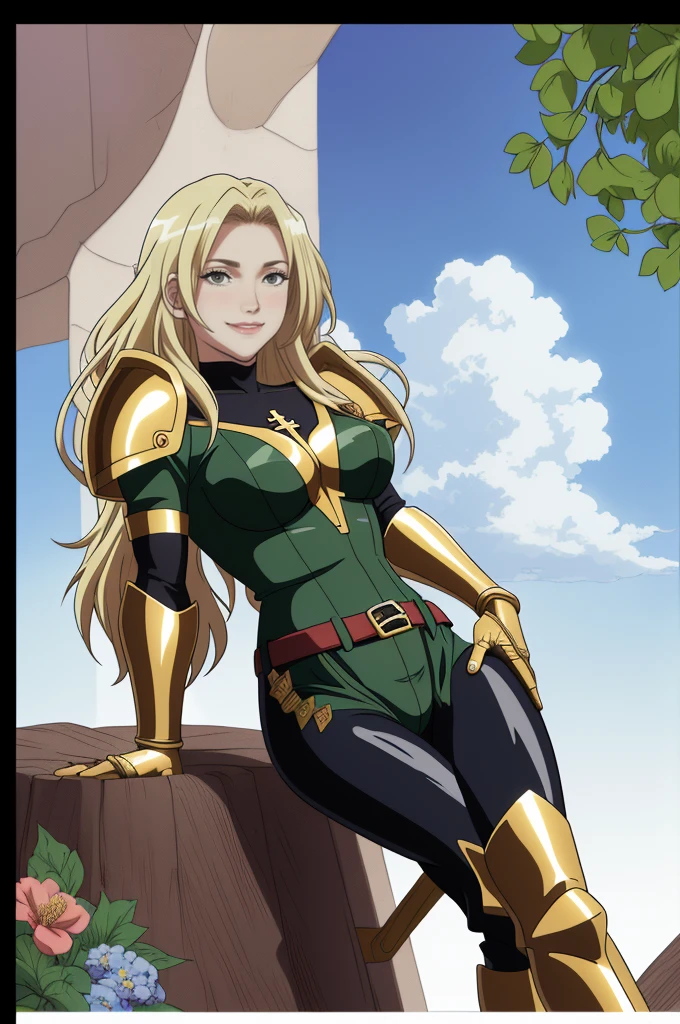 (8k, raw photo, Best Quality, maestro:1.2), (anime-anime photo:1.37), ultra detailed, 1 girl, beautiful, alone, Beautiful detailed blue sky with fluffy clouds, (blush), (whole body: 1.1), (smile: 1.1), (shut up), big breasts, Beautiful and delicate eyes, (Blue armor with intricate engravings of leaves and flowers, has a gorget, shoulder pads, gorjal, peto, backrest, codales, bracers, gauntlets, hidden, Don Quixotes, kneepads, greaves and scarp : 1.1), Golden metal pieces covering her shoulders and arms, Dark brown leather belt with metal buckles, tight leather pants, Brown leather boots, A cross adorns his chest, (long blonde hair: 1.2), flowing hair, high contrast, Proporciones de whole body, (astride, stretch the legs, thin legs), Chest closeup, full color.