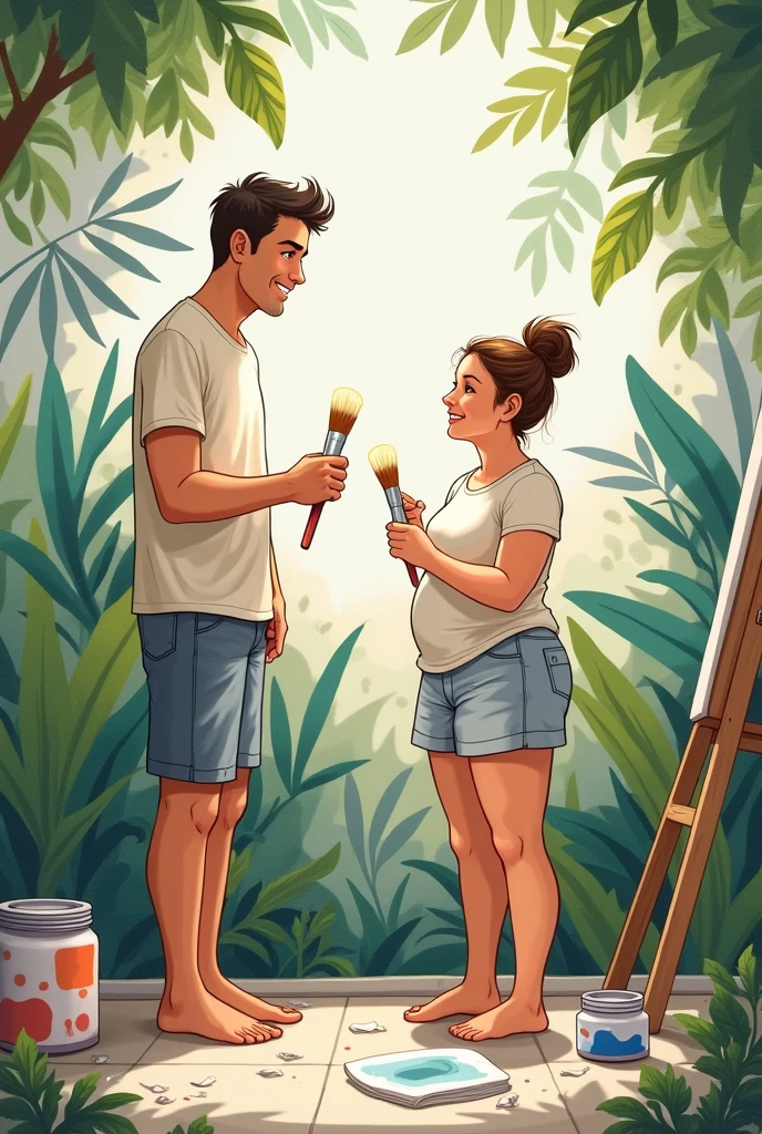 A tall, thin man, in a t-shirt and shorts, full-bodied woman in light clothing, Both are barefoot, painting a large wall with a garden theme. The painting is incomplete. They are holding paint and brushes. They are relaxed and smiling.