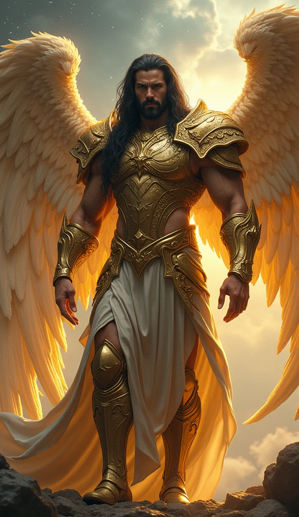A highly detailed and realistic photograph of a majestic male figure resembling Madin from fantasy. This being is adorned with intricate golden armor, featuring elaborate designs and a shimmering finish. He boasts grand, ethereal wings and a powerful, regal stance. His visage is strong and commanding, with a chiseled jawline and intense gaze. Flowing, long, jet-black hair cascades down his back, adding to his majestic presence. The background is a dramatic, mystical landscape with a cosmic feel, including starry skies and swirling nebulas. The scene is illuminated by a dramatic light source, casting a celestial glow on the figure. The photograph captures the grandeur and divine aura of the character, blending fantasy elements with photorealistic details. The setting enhances the otherworldly atmosphere, with high-resolution, crisp details, and dynamic lighting. The mood is awe-inspiring and majestic, emphasizing the character’s divine and mythical essence.