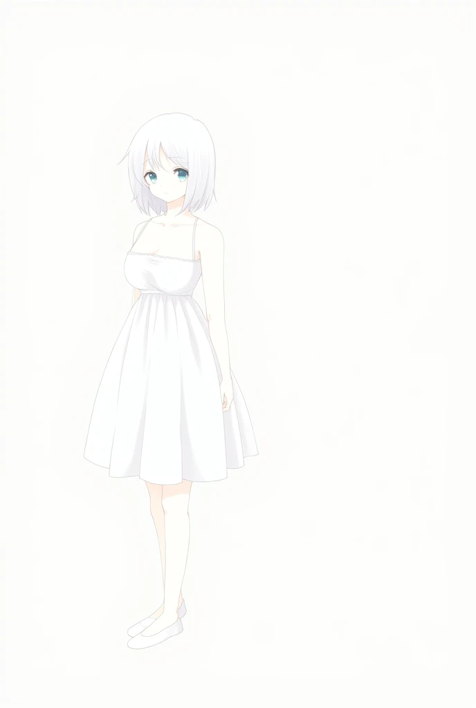 masterpiece, best quality, high qual,1girl, mature, white hair, hair between eyes, sidebang, medium length hair, ahoge, blue eyes, white summer dress, short dress, wide skirt, cleavage, small breasts, standing, simple background, white background, illustration, anime style, cute