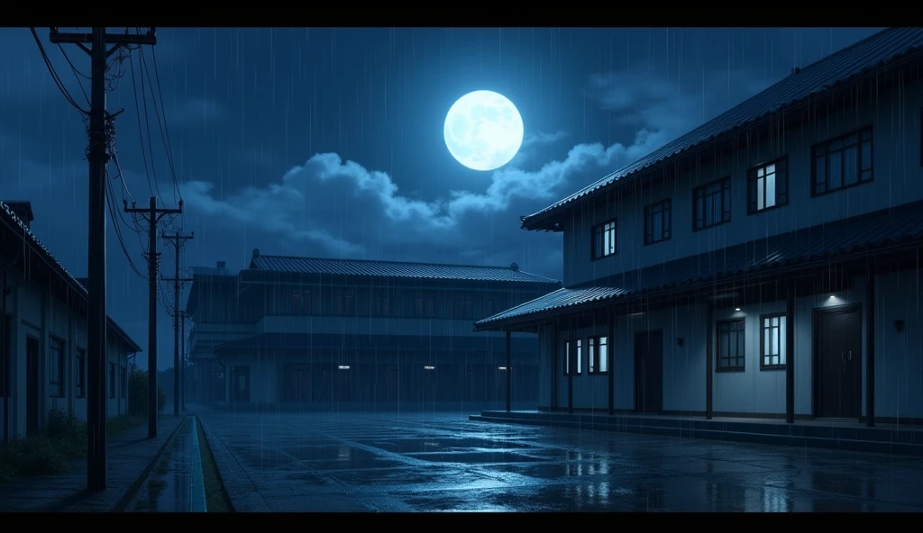 outside of a japanese school,, no people, raining, night, moon, In the style of Makoto Shinkai。master piece, ultra detail, precision, ultra-realistic,