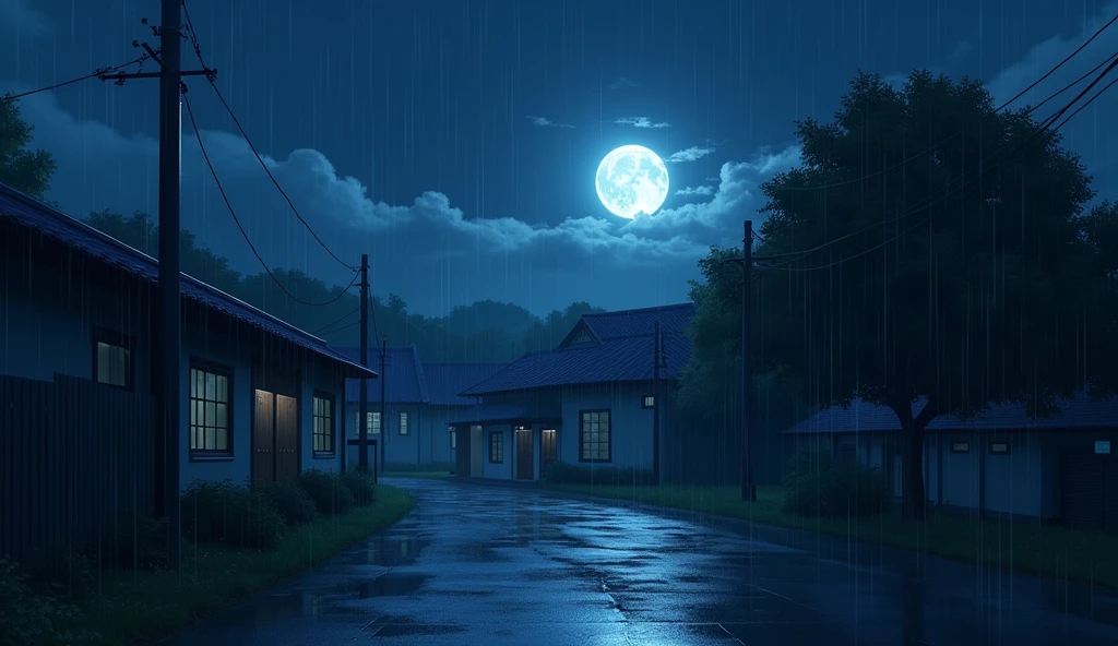 outside of a japanese school,, no people, raining, night, moon, In the style of Makoto Shinkai。master piece, ultra detail, precision, ultra-realistic,