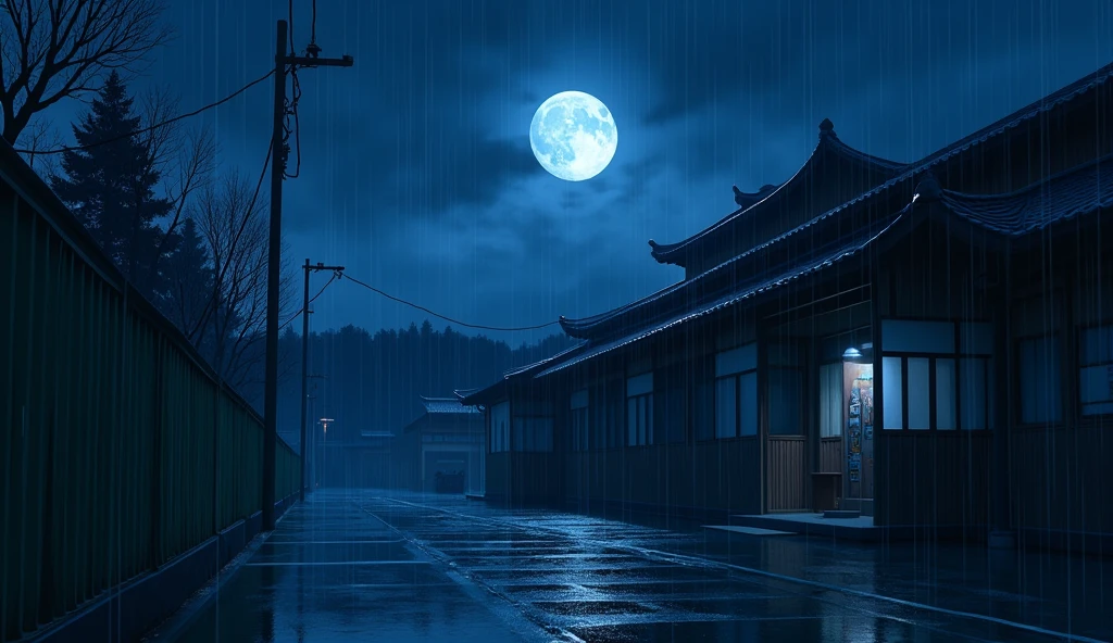 outside of a  japanese school,, no people, raining, night, moon, In the style of Makoto Shinkai。master piece, ultra detail, precision, ultra-realistic,
