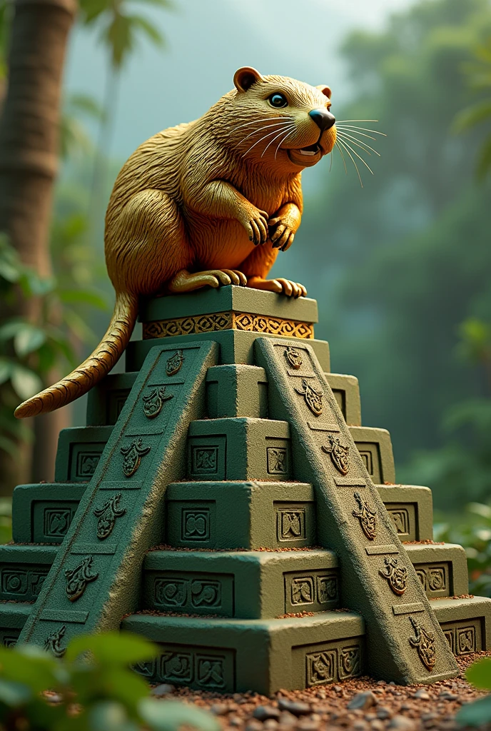 Ultra-resilient image of a gold and green beaver sculpture on top of a pyramid