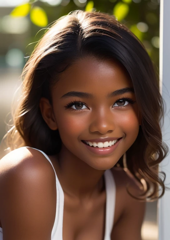 (portrait, editorial photograph) (beautiful black girl), adorable face, long brown curly hair, hazel eyes, by lee jeffries, nikon d850, film stock photograph ,4 kodak portra 400 ,camera f1.6 lens ,rich colors ,hyper realistic ,lifelike texture, dramatic lighting, (highly detailed face:1.4), perfect eyes, realistic iris, perfect teeth, (smile:0.7), (background dark, shadow of the leaves, moody, cleavage), sun rising, early morning light, Wishing for something, masterpiece, best quality, photorealistic, Citizen of Guinea-Bissau, very cute super model, perfect anatomy, skinny, ((1 girl)), (colorful reflections in the eye), (nudist), (smiling, white teeth), small nipples,(((( dark skin ))))