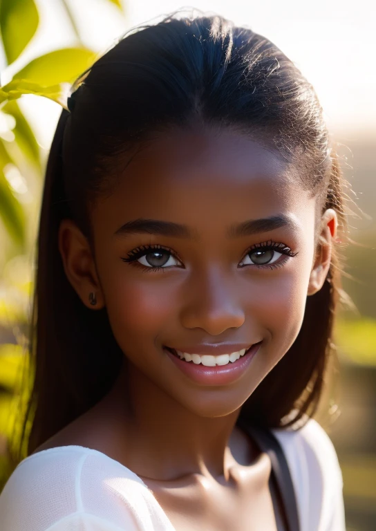 (portrait, editorial photograph) (beautiful black girl), adorable face, long brown curly hair, hazel eyes, by lee jeffries, nikon d850, film stock photograph ,4 kodak portra 400 ,camera f1.6 lens ,rich colors ,hyper realistic ,lifelike texture, dramatic lighting, (highly detailed face:1.4), perfect eyes, realistic iris, perfect teeth, (smile:0.7), (background dark, shadow of the leaves, moody, cleavage), sun rising, early morning light, Wishing for something, masterpiece, best quality, photorealistic, Citizen of Guinea-Bissau, very cute super model, perfect anatomy, skinny, ((1 girl)), (colorful reflections in the eye), (nudist), (smiling, white teeth), small nipples,(((( dark skin ))))