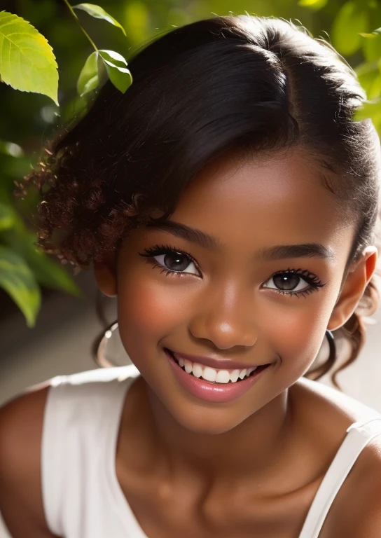 (portrait, editorial photograph) (beautiful black girl), adorable face, long brown curly hair, hazel eyes, by lee jeffries, nikon d850, film stock photograph ,4 kodak portra 400 ,camera f1.6 lens ,rich colors ,hyper realistic ,lifelike texture, dramatic lighting, (highly detailed face:1.4), perfect eyes, realistic iris, perfect teeth, (smile:0.7), (background dark, shadow of the leaves, moody, cleavage), sun rising, early morning light, Wishing for something, masterpiece, best quality, photorealistic, Citizen of Guinea-Bissau, very cute super model, perfect anatomy, skinny, ((1 girl)), (colorful reflections in the eye), (nudist), (smiling, white teeth), small nipples,(((( dark skin ))))