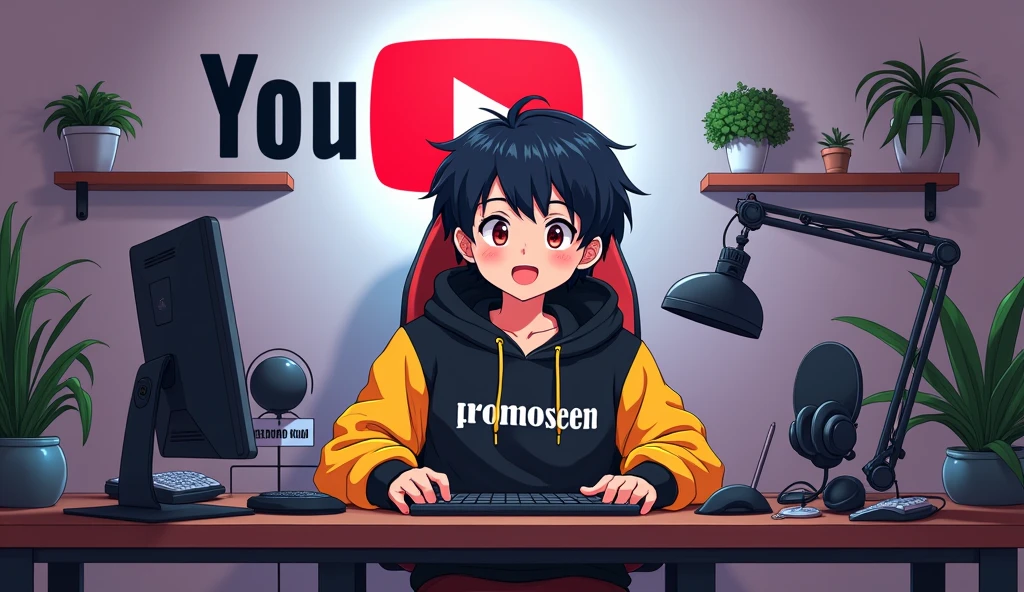 Create a image of "A 25 years anime cute boy, sitting in front of a computer desk with a microphone and laptop, wearing black and YALLOW hoodie with the Channel Name on it "PROMOSEEN".The background includes a large YouTube logo on the wall with channel name "Promo Seen", potted plants on either side, and various recording equipment.eye contact on camera.