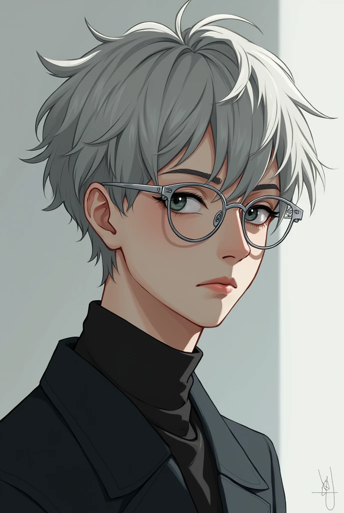 A Cool and emotionless boyish with short silver Blonde hair and blank onyx colored eyes, mole on the bottom right cheek and a silver framed glasses 