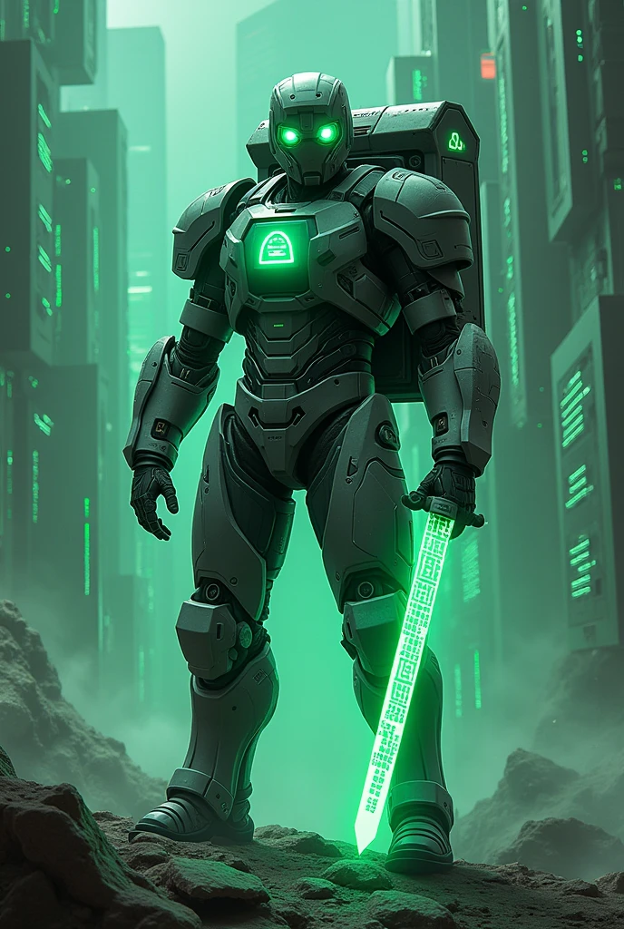 Man wear cyberpunk robocop armor suit white keyboard PC concept. Helmet like PC monitor.. Long mechanize green glowing eyes. Sword from classic white keyboard. Keyboard pad design as sword. Binoculars eyes.keyboard on chest. Big turn off button logo on chest glowing green ,. Holding keyboard sword. War background. Bombing effect background. Backpack cpu.(( Standing on the motherboard green circuit)).. city motherboard background. In digital dimensions. glowing green on circuit .