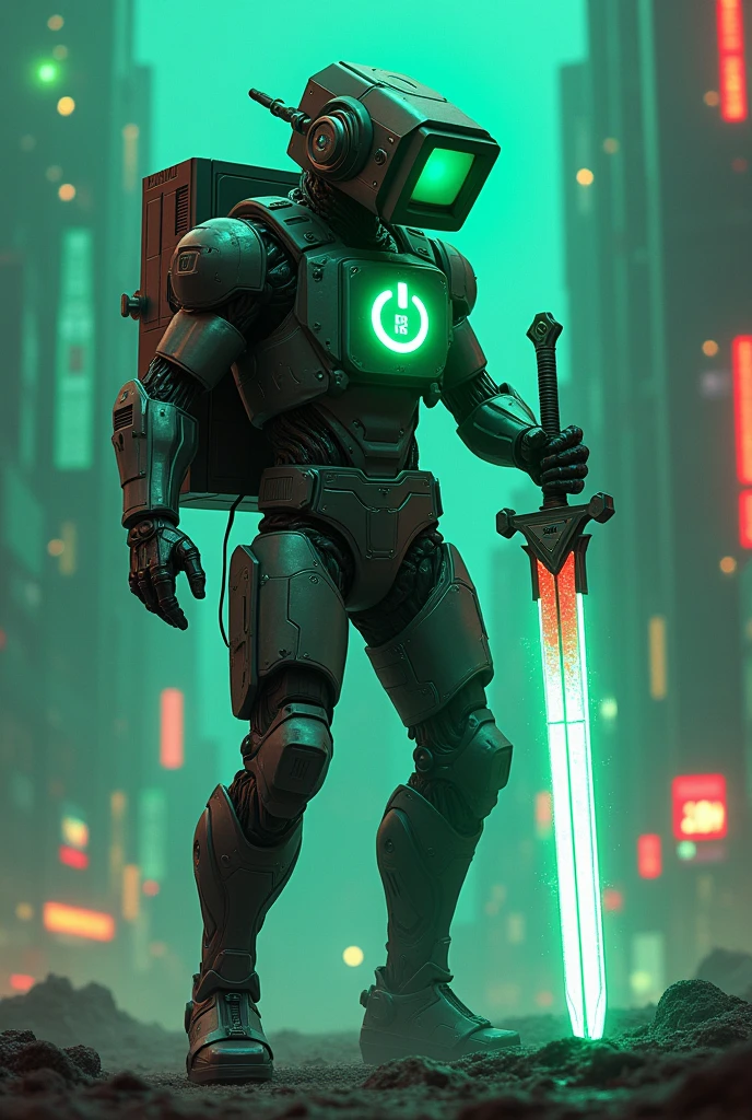 Man wear cyberpunk robocop armor suit white keyboard PC concept. Helmet like PC monitor.. Long mechanize green glowing eyes. Sword from classic white keyboard. Keyboard pad design as sword. Binoculars eyes.keyboard on chest. Big turn off button logo on chest glowing green ,. Holding keyboard sword. War background. Bombing effect background. Backpack cpu.(( Standing on the motherboard green circuit)).. city motherboard background. In digital dimensions. glowing green on circuit .