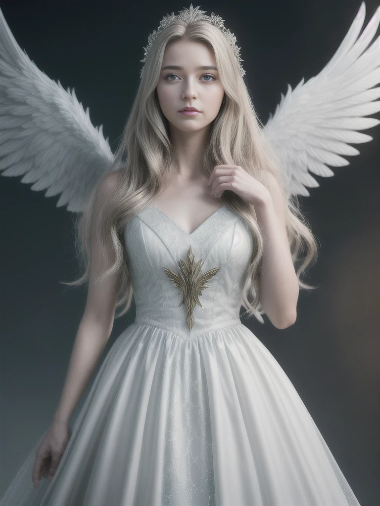 (masterpiece, Best quality, photorealistic, very detailed, Octane render, unreal engine, 8к HD, Hyper-detailed, realistic skin texture, Best quality, ultra high resolution, RAW photo, dramatic lighting, unreal engine, diffuse glow, dynamic pose), Archangel woman with beautiful facial features, probably, would have striking facial features., unearthly appearance, which could cause awe and wonder in anyone, who will see her. У нее могут быть пронзительные голубые or зеленые глаза, which, it seemed, glow with an inner light., framed by long eyelashes, which касались ее нежных скул. Ее кожа May be фарфорово-бледной., with soft, pink blush, highlighting her high cheekbones.

Her hair can be long and flowing., с золотыми or серебряными нитями, which мерцали, like starlight on the sun. Волосы могут быть заплетены в замысловатые косы or иметь свободные волны, cascading down the back., or, Maybe, gathered into an elegant hairstyle, which highlights her graceful neck.

Her wings would be magnificent., with feathers white as snow and shimmering with an otherworldly light. They can be large and impressive.., giving her an aura of power and majesty, or, May be, delicate and intricate, reflecting her refined and elegant nature.

To sum it up, a female archangel with beautiful features would be a vision of divine beauty, shining grace, power, and everyone is surprised, Who saw her