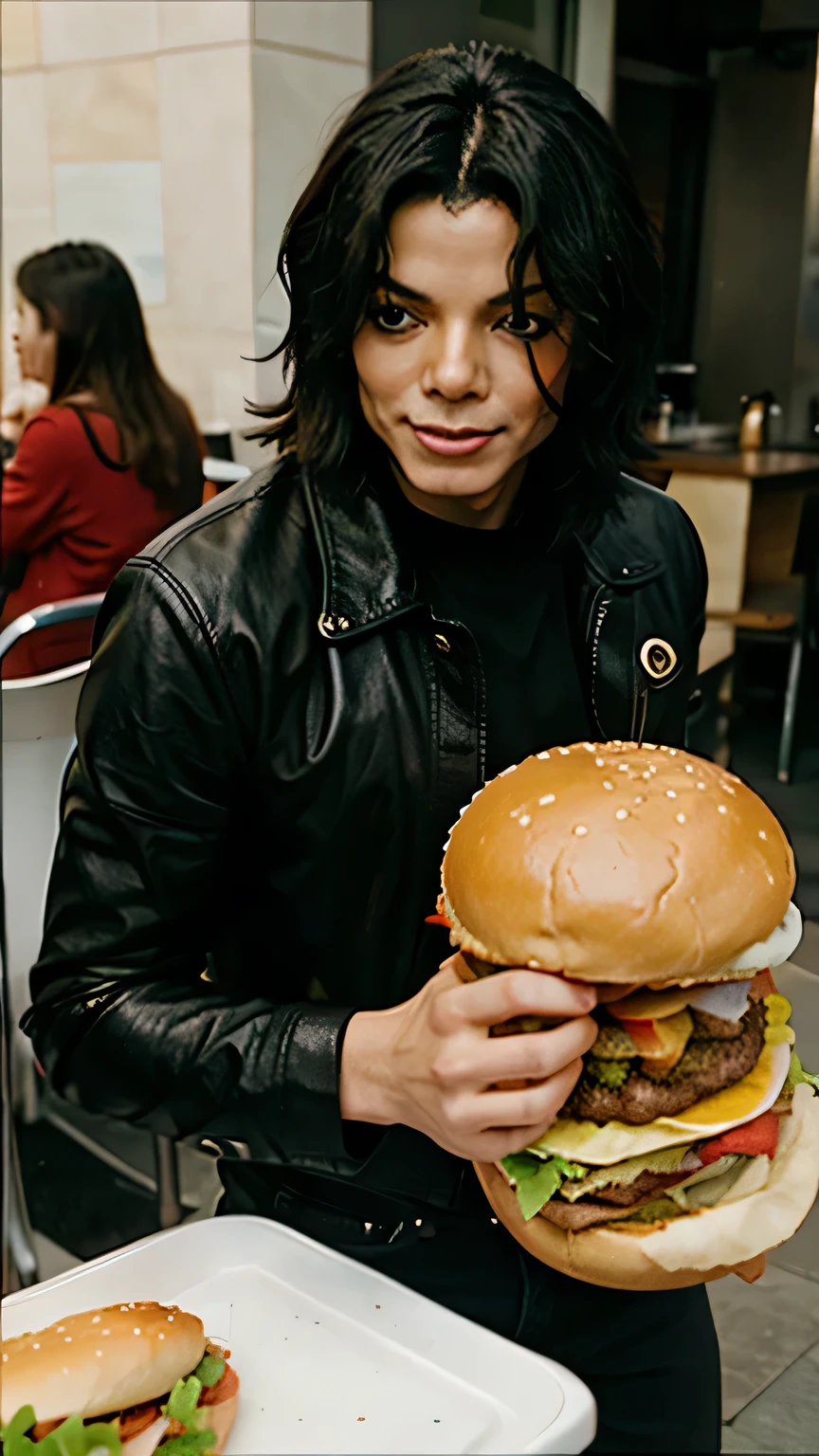 Michael Jackson eating a hamburger