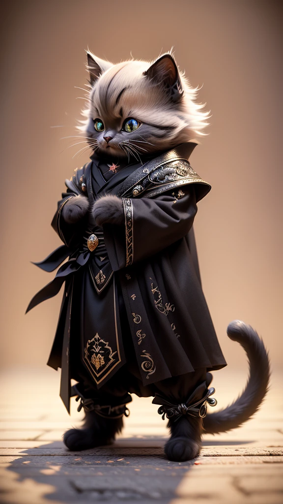 masterpiece、highest quality、super detailed、(Chibi Chara Black Cat:1.2),realistic cat,Detail coat,wizard ,Royal Hall,laughter,full body standing,