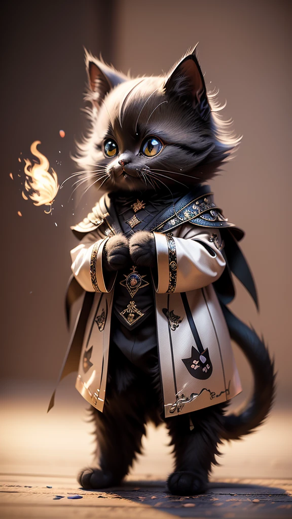 masterpiece、highest quality、super detailed、(Chibi Chara Black Cat:1.2),realistic cat,Detail coat,wizard ,Royal Hall,laughter,full body standing,