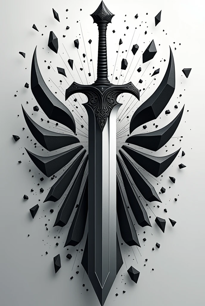 Imagine a sleek, vertically positioned sword at the center of the emblem, with intricate patterns etched along its blade. Surrounding the sword are fragments of shattered glass or crystal, alternating between black and white, creating a striking contrast. The shards, varying in size, radiate outward, symbolizing broken barriers and shattered illusions. Thin lines of energy weave through the shards, connecting them to the sword, representing the power that binds Aria’s journey. The overall design is modern, fragmented, and sharp, with a monochromatic palette that adds depth and complexity, making it an eye-catching and powerful emblem