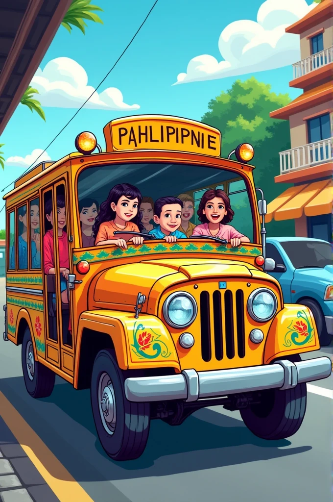 clipart that shows the philippine jeepney with 6 people in there