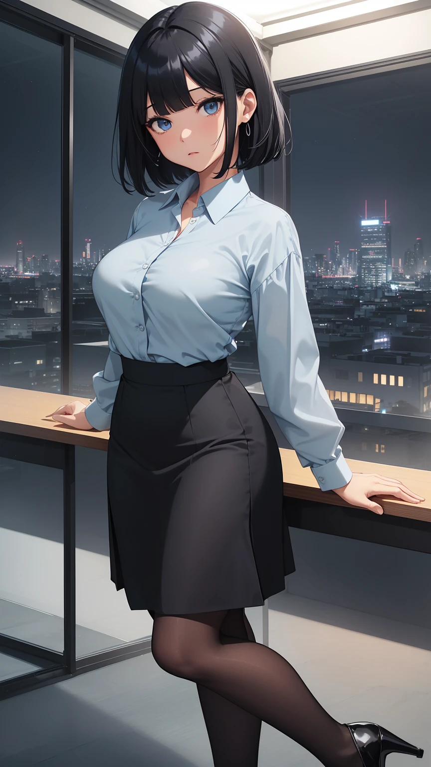 Highest quality, flying debris、Beautiful woman、office lady、Black Hair、(Dark blue eyes、Blunt bangs)、short hair、new employee,whole bodyショット、Female office lady、break(Light blue collarless shirt、black pencil long skirt:1.2)、(black tights、High heels)、break(Modern Office、Night view:1.3)、(((whole body)))、Big Breasts