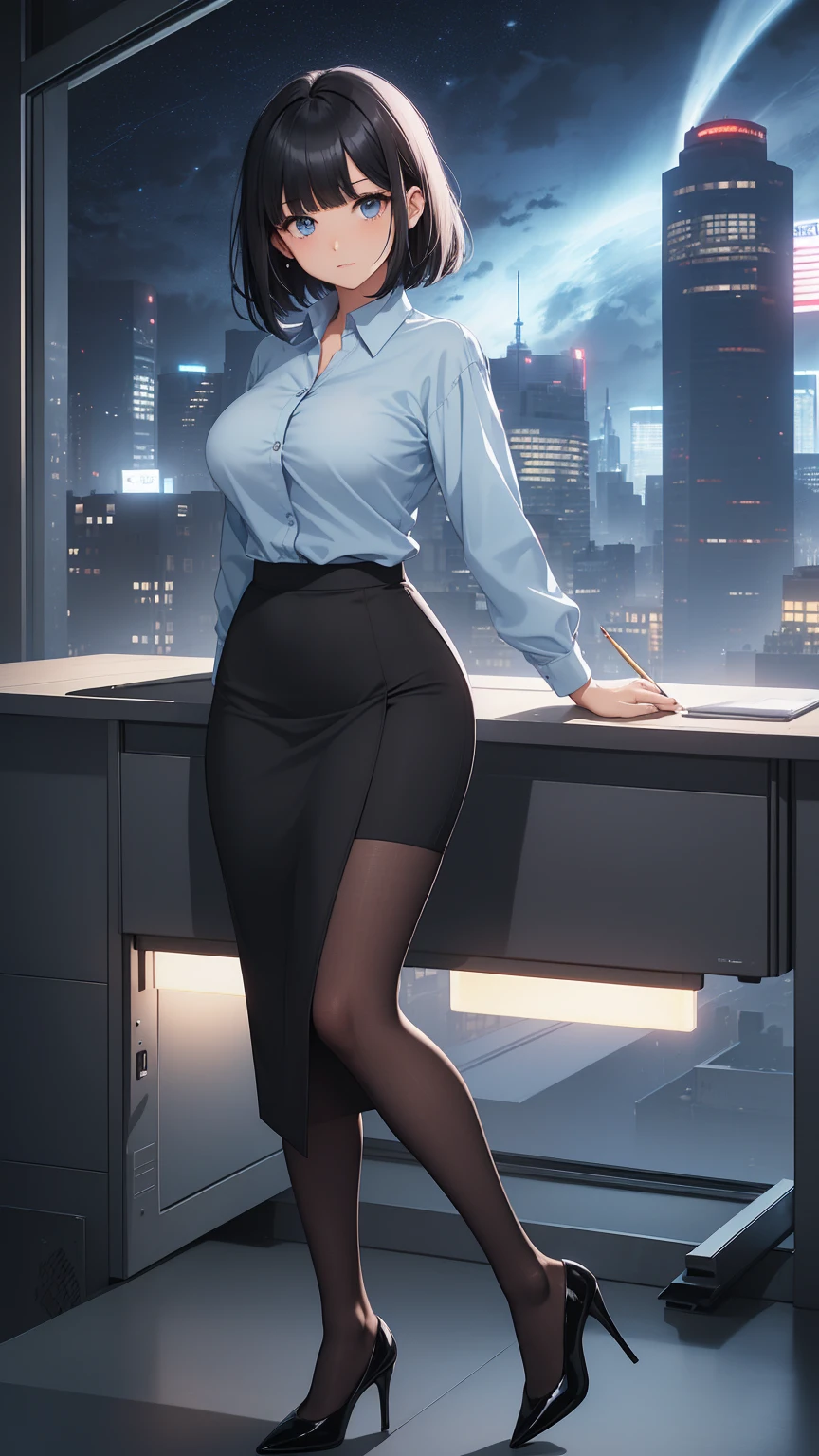 Highest quality, flying debris、Beautiful woman、office lady、Black Hair、(Dark blue eyes、Blunt bangs)、short hair、new employee,whole bodyショット、Female office lady、break(Light blue collarless shirt、black pencil long skirt:1.2)、(black tights、High heels)、break(Modern Office、Night view:1.3)、(((whole body)))、Big Breasts