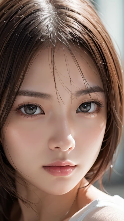 Highest quality、8k傑作、Ultra-high resolution、(Photorealistic:1.3)、RAW Photos、1 person、Brown hair short bob、Glowing Skin、1 personの超美人女子大生、((Ultra-Realistic Details))、Portrait、Global Illumination、Shadow、Octane Rendering、8k、Super sharp、Very intricate details、Realistic Light、CGSoation Trend、Beautiful Eyes、Shining Eyes、To the camera、White oversizedTshirt、sheer、blush、amount