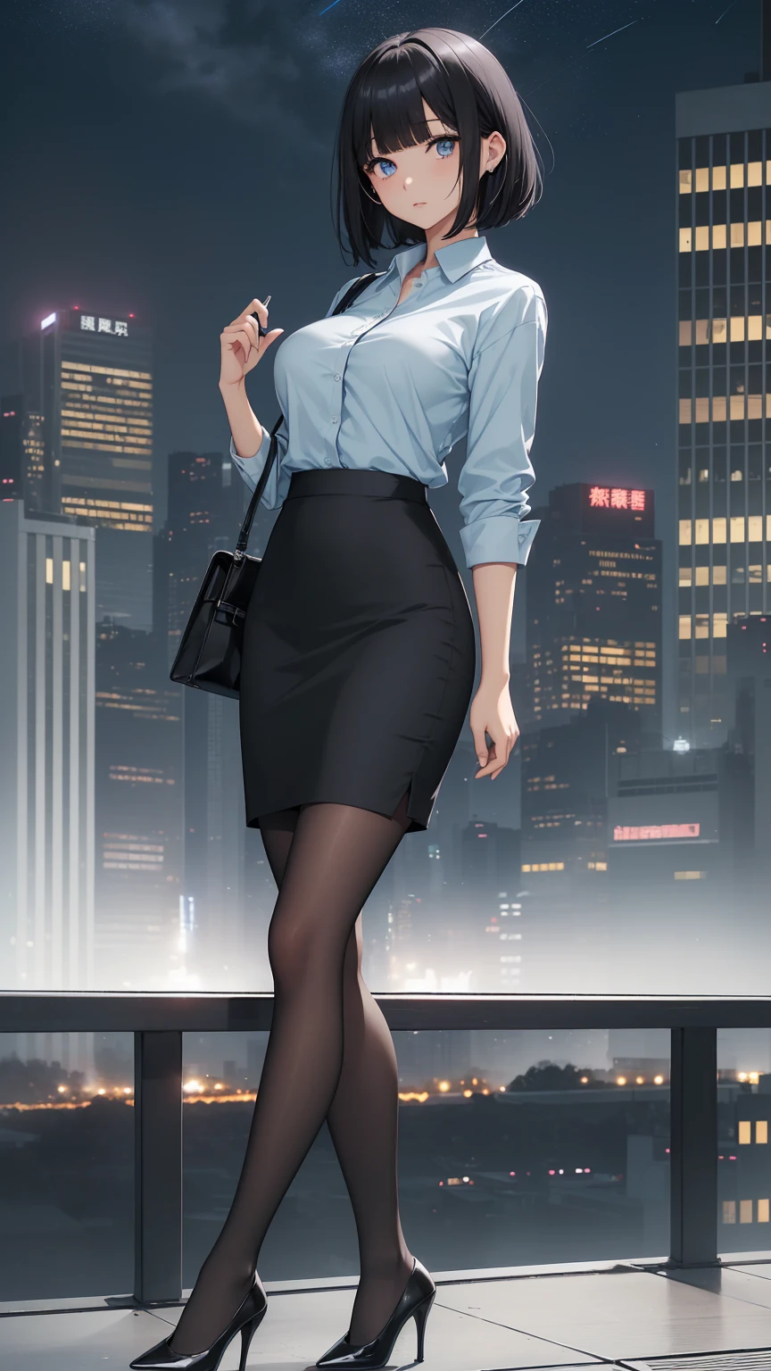 Highest quality, flying debris、Beautiful woman、office lady、Black Hair、(Dark blue eyes、Blunt bangs)、short hair、new employee,whole bodyショット、Female office lady、break(Light blue collarless shirt、black pencil long skirt:1.2)、(black tights、High heels)、break(Modern Office、Night view:1.3)、(((whole body)))、Big Breasts