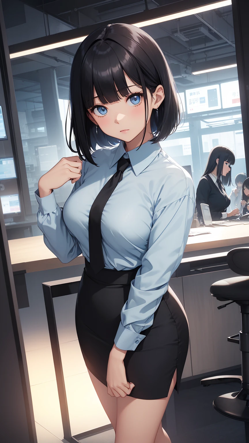 Highest quality, flying debris、Beautiful woman、office lady、Black Hair、(Dark blue eyes、Blunt bangs)、short hair、new employee,whole bodyショット、Female office lady、break(Light blue collarless shirt、black pencil long skirt:1.2)、(black tights、High heels)、break(Modern Office、Night view:1.3)、(((whole body)))、Big Breasts