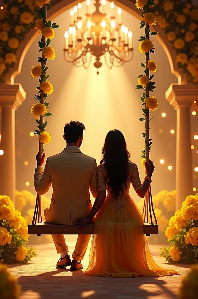 A mehndi invitation card in which bride and groom are sitting on a large swind on stage pic is of back veiw and wearing mehndi dresses and all around decorated with yellow flowers and fairy lights and chandelier