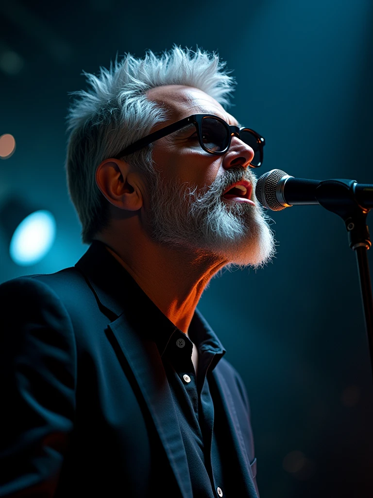 50-year-old beautiful male, short shaved silver spanish beard, dark sunglasses, emotion singing into a microphone in dark room with lights то focus, studio portrait