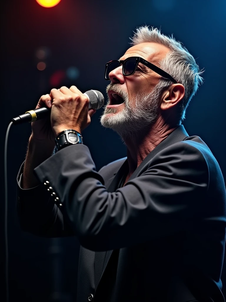 50-year-old beautiful male, short shaved silver spanish beard, dark sunglasses, emotion singing into a microphone in dark room with lights то focus, studio portrait