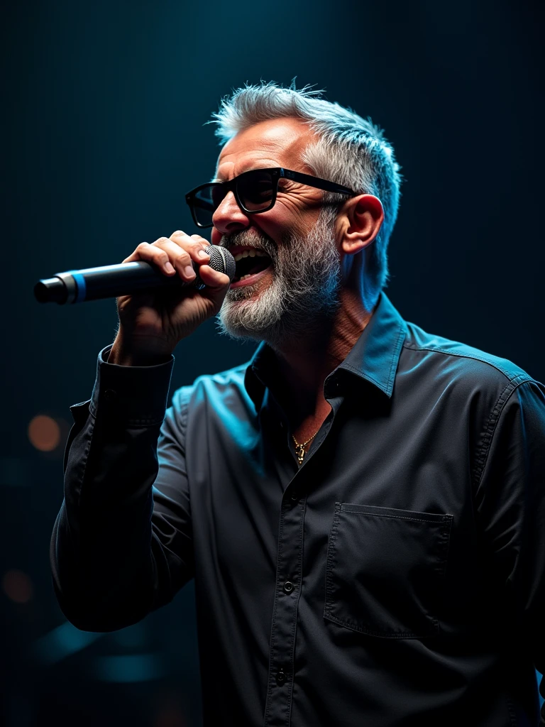 50-year-old beautiful male, short shaved silver spanish beard, dark sunglasses, emotion singing into a microphone in dark room with lights то focus, studio portrait
